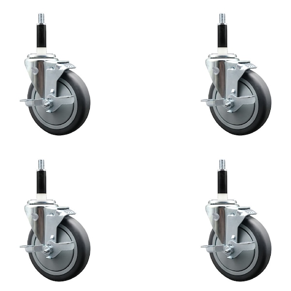 5'' Thermoplastic Rubber Swivel 7/8'' Expanding Stem Caster Set with Brake, 4PK
